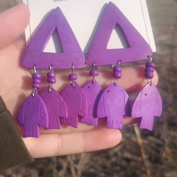 Wooden Fish Stud Dangle Earrings - Picture 3 of 4